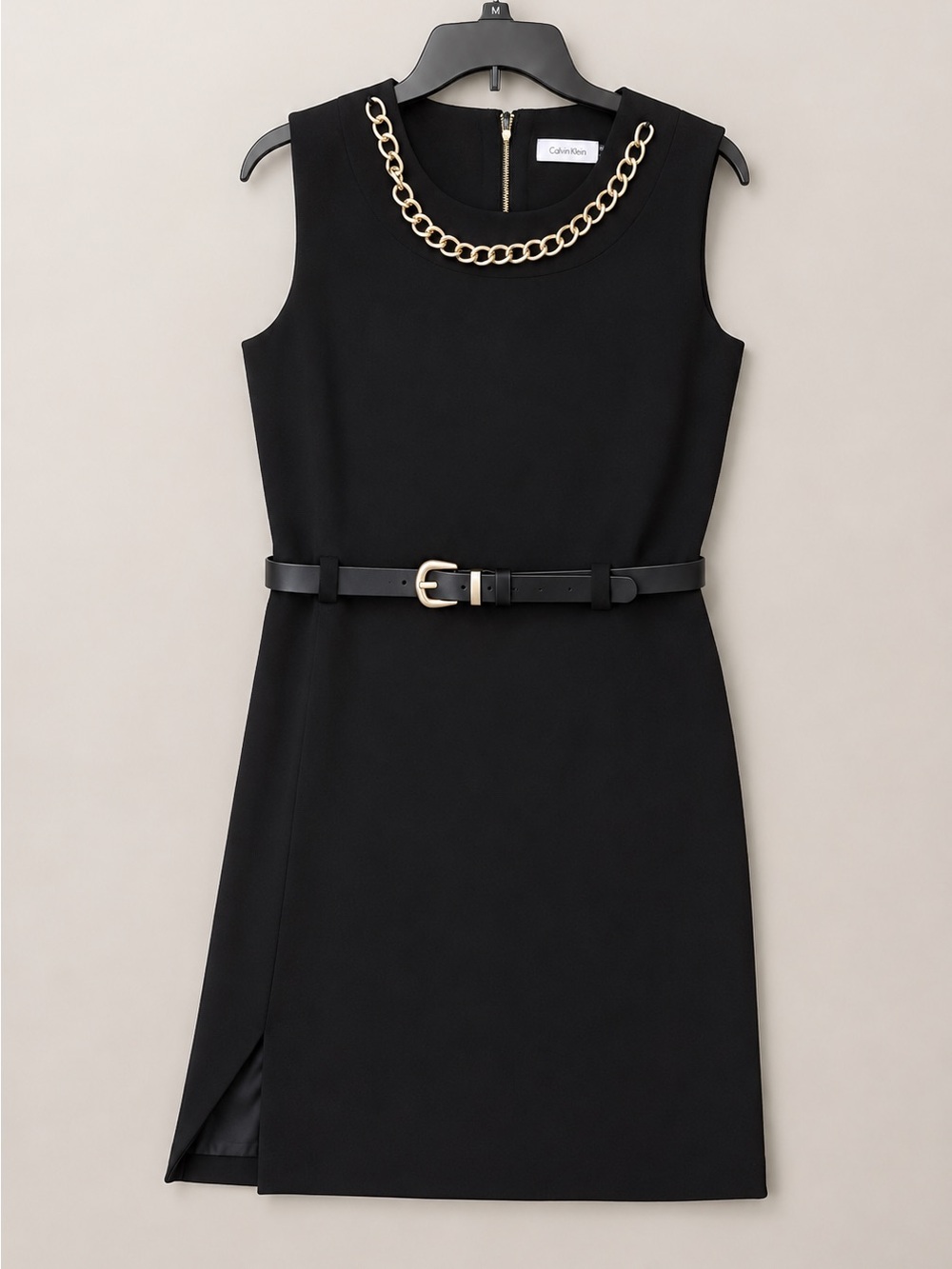 Calvin Klein Black Sheath Dress with Gold Chain Detail – Size 12